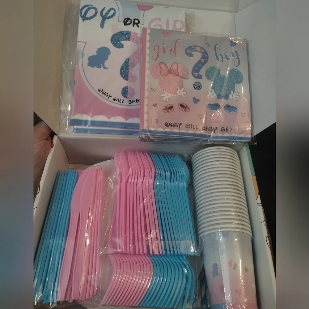 New Gender Reveal babyshower party supplies cups, plates boy girl 194 pcs